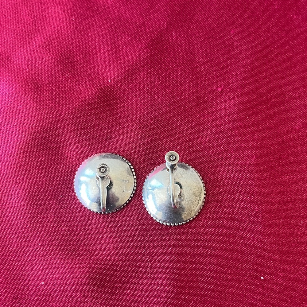 Vintage Solid Silver Concave Round Earrings With … - image 4